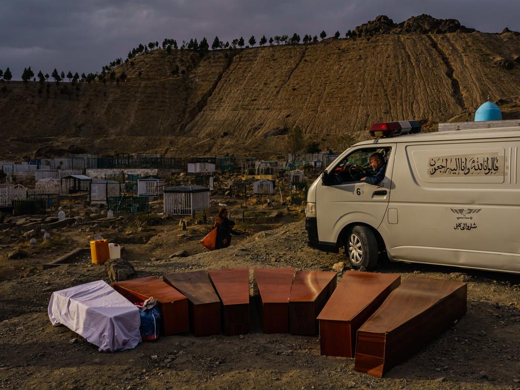 Caskets are gathered together for the 10 members of the family killed in a drone strike. Picture: Marcus Yam/Los Angeles Times