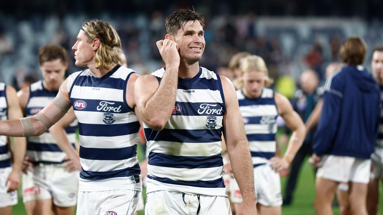 Tom Hawkins of the Cats looks dejected. Picture: Michael Willson/AFL Photos via Getty Images