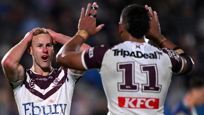 AUCKLAND, NEW ZEALAND - APRIL 13: Daly Cherry-Evans of Manly reacts after being awarded a penalty in extra time during the round six NRL match between New Zealand Warriors and Manly Sea Eagles at Go Media Stadium Mt Smart, on April 13, 2024, in Auckland, New Zealand. (Photo by Hannah Peters/Getty Images)