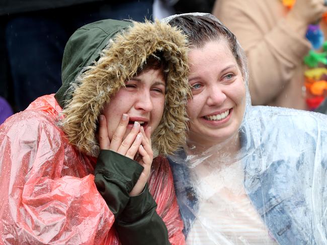 Adelaide: Jasmine Primer and Kelly Williams celebrate the yes vote at the Same Sex Marriage vote results announcement in Hindmarsh Square in the city. Picture: Calum Robertson