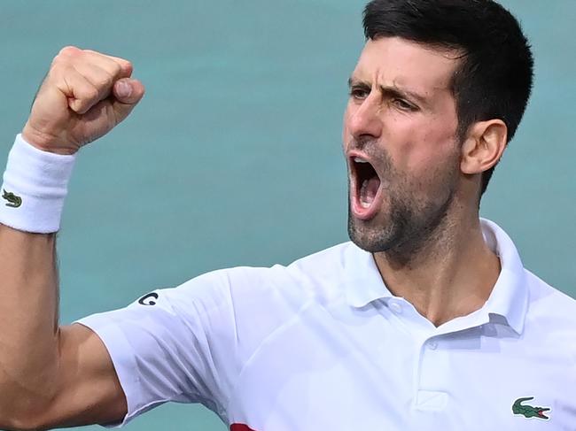 PARIS, FRANCE - NOVEMBER 05: Novak Djokovic of Serbia celebrates winning a point during his singles match against Taylor Fritz of the United States during Day Five of the Rolex Paris Masters at AccorHotels Arena on November 05, 2021 in Paris, France. (Photo by Justin Setterfield/Getty Images)