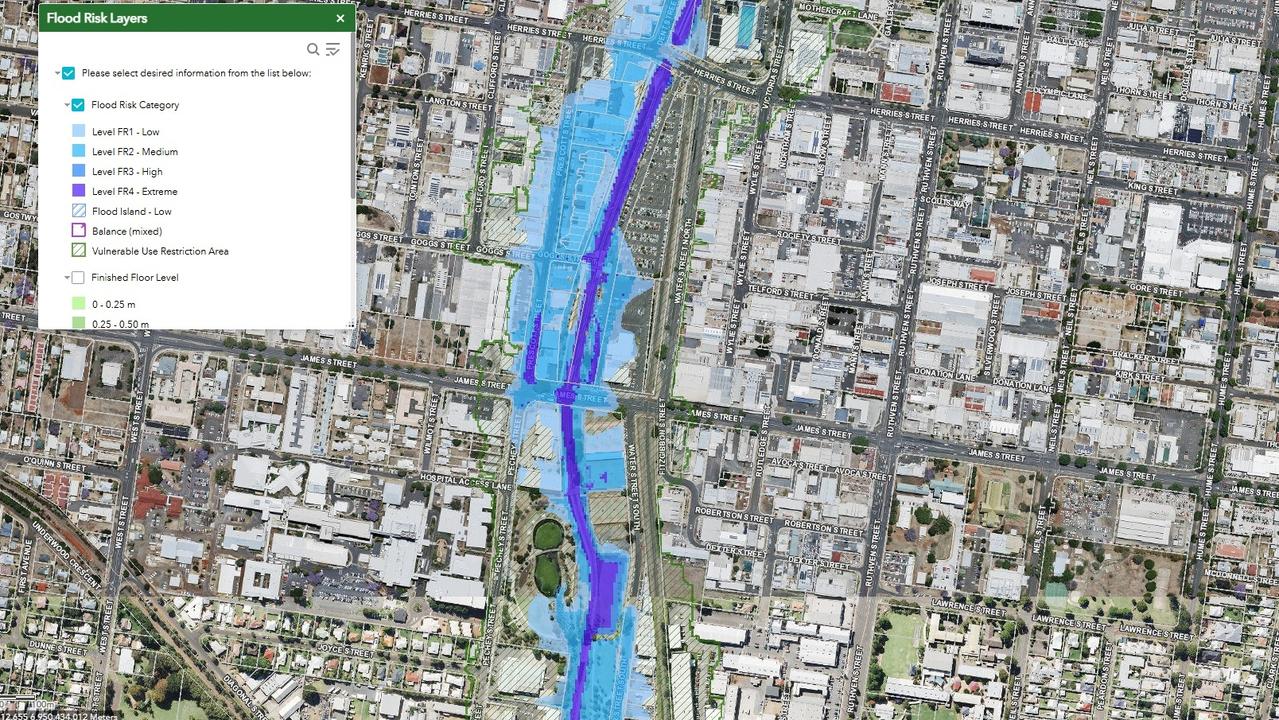 Toowoomba Regional Council flood mapping showing the potential flood effects along Prescott Street in the Toowoomba CBD.