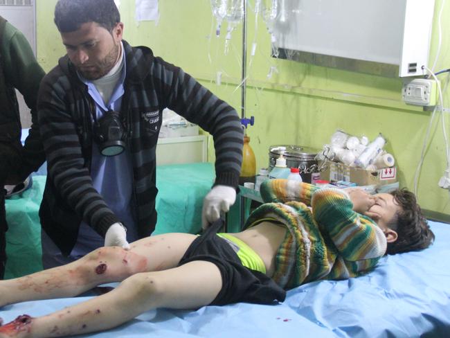 A Syrian child receives treatment at a hospital in Khan Sheikhun, a rebel-held town in the northwestern Syrian Idlib province, following an attack. Picture: AFP/Omar haj kadour