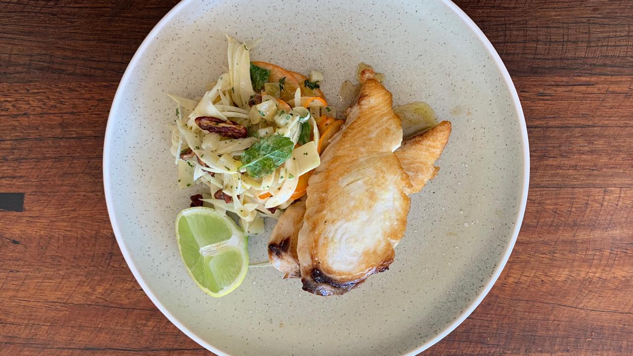 Grilled Spanish mackerel, with shaved fennel ribbons, tarragon, pear, mint and pecan.