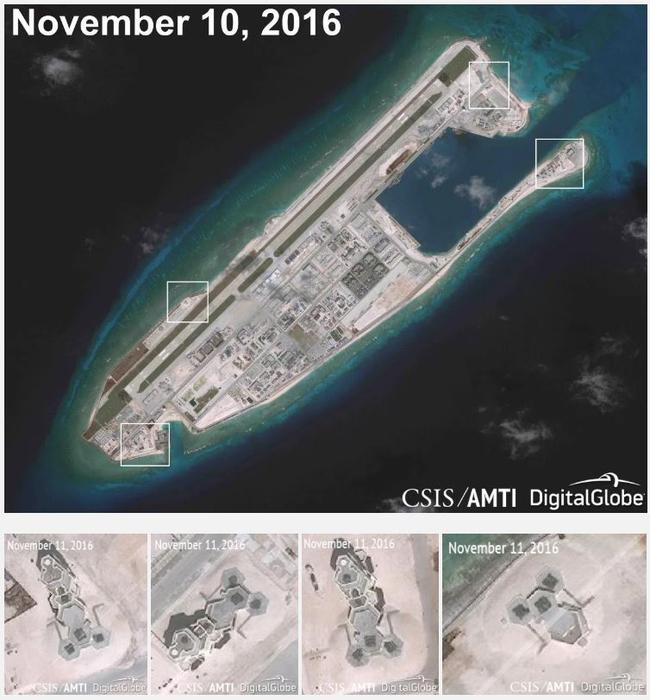 Gun and missile towers were revealed by satellite photos as Fiery Cross Reef underwent construction. Picture: AMTI