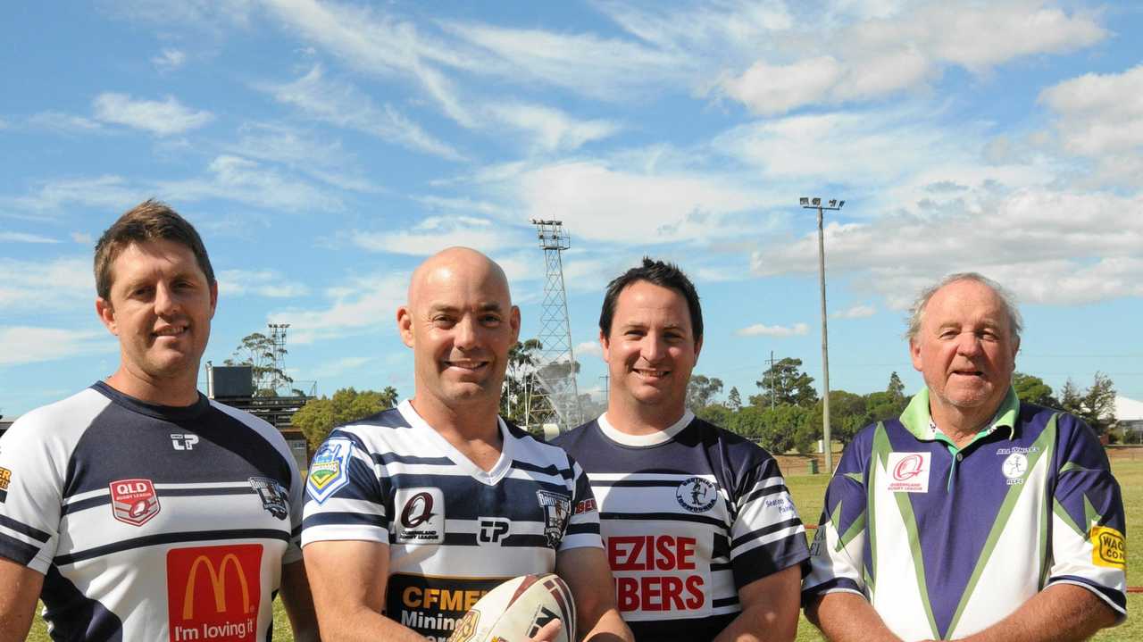 BROTHERS UNITE: Displaying the history of Brothers and All Whites' jerseys ahead of the Old Boys game on Saturday are (from left) Shane Bidgood, Jamie Wann, Liam Cullen and Pat Johnson. Picture: Sean Teuma