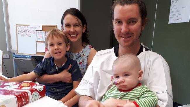 Newborn genetic screening Parents Emma and Chris with sons Blake and baby Max. Blake donated bonemarrow to Max to deal with his immune disease. Picture supplied by family