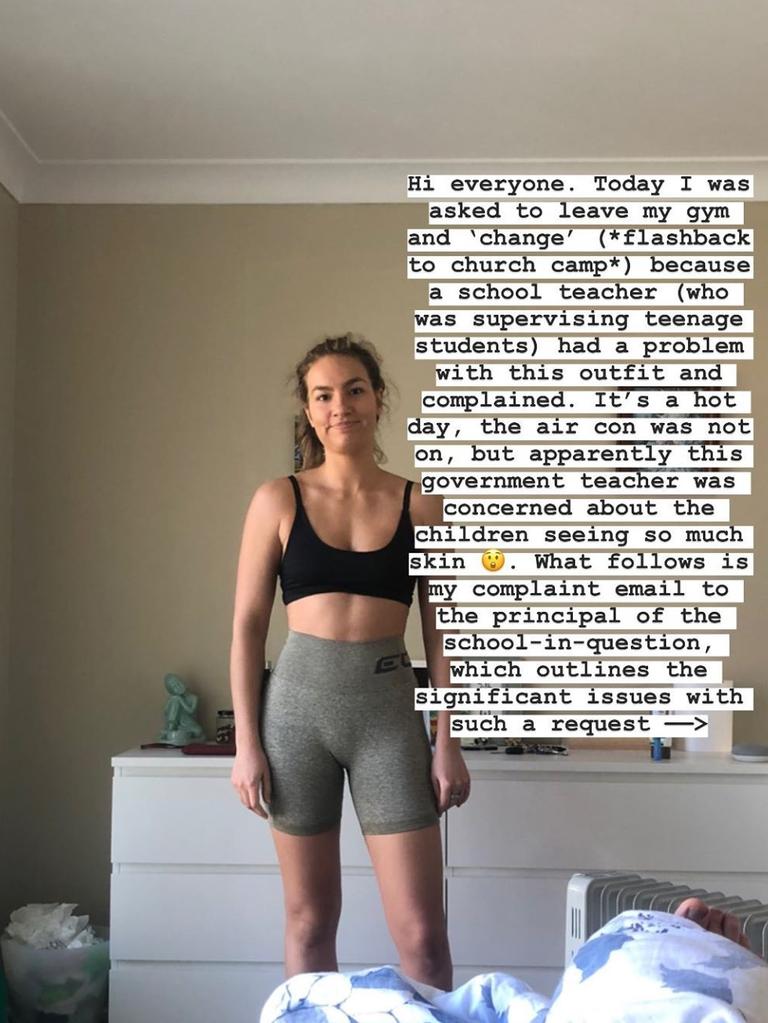 Sydney woman Gabi Goddard was ‘asked to leave gym and change’ because of her bike shorts. Picture: Instagram/Gabi Goddard