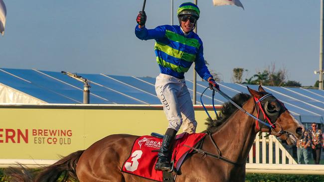 Victory as Gary Clarke trained Playoffs ridden by Jarrod Todd scores an emotional win in the Great Northern Darwin Cup. Picture: Glenn Campbell