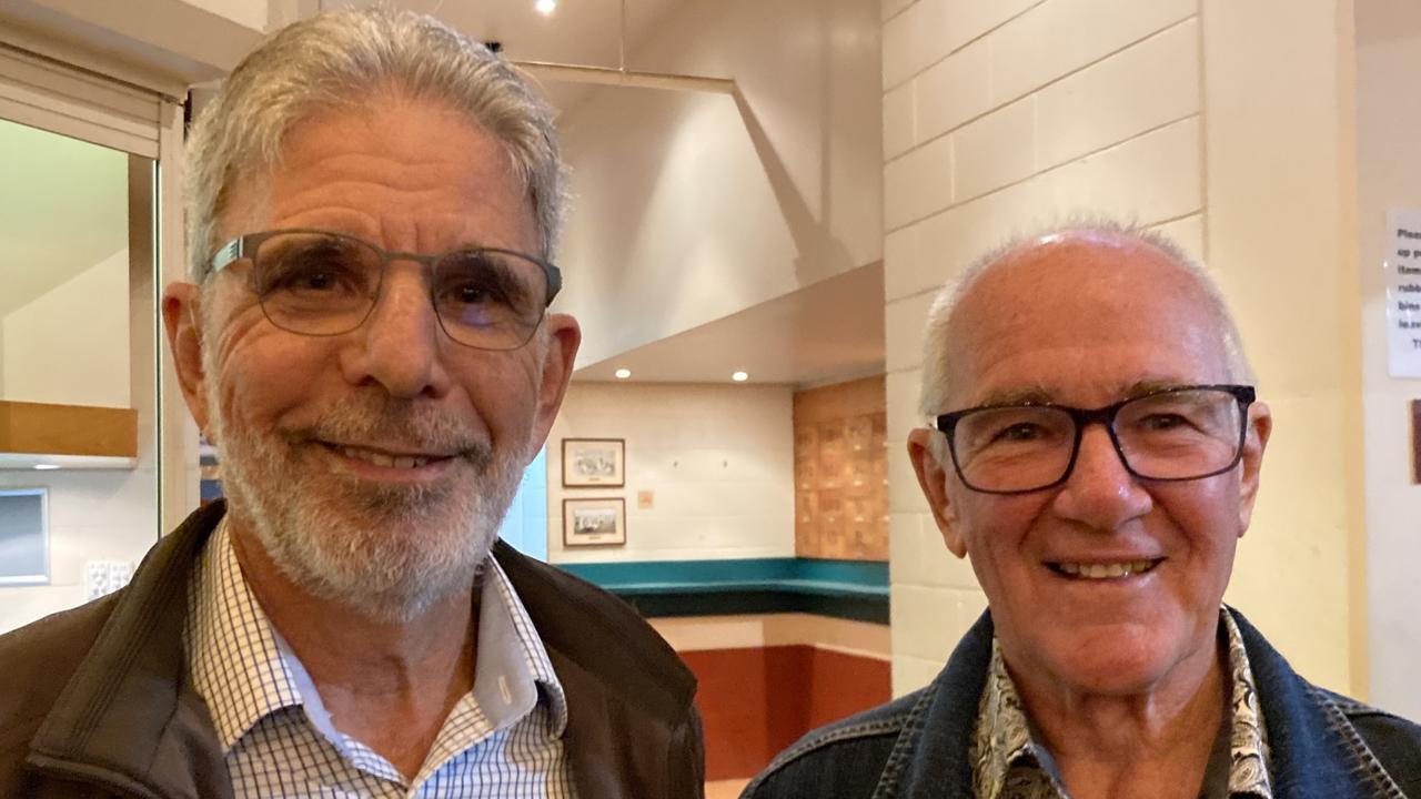 Greg Pountney and Bob Black celebrate the 50th anniversary of the Rainbows Rugby League Football Club at its golden jubilee at the Gympie Showgrounds Pavilion on the night of June 3, 2023.