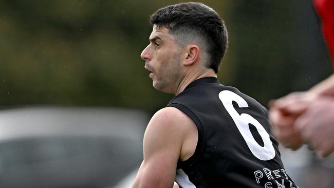 WallanÃs Corey Viani during the ERDFNL Riddell v Wallan Qualifying 2 football match in Romsey, Saturday, Aug. 31, 2024. Picture: Andy Brownbill