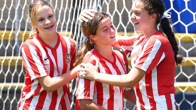 Kelvin Grove State College celebrate a goal Kelvin Grove State College Vs Helensvale State High. Schools Premier League grand final day. Tuesday October 28, 2021. Picture: John Gass