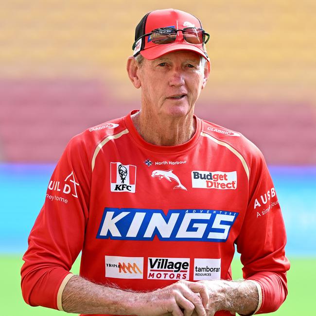 Coach Wayne Bennett had a fun jab at Langer’s fitness after he was described as Brisbane’s 14th man. Picture: Bradley Kanaris/Getty Images