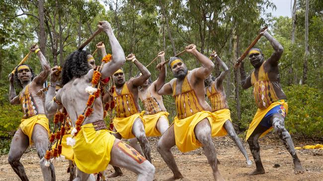 GARMA opening ceremony this evening. Gumatj clan dancers perform bunggul (ceremonial dance) for the PM Anthony Albanese, before presenting him with a Bathi. Picture: Peter Eve.