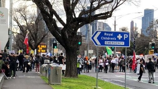 Anti-vax protesters blockaded the Royal Children's Hospital on the weekend. Picture: Twitter