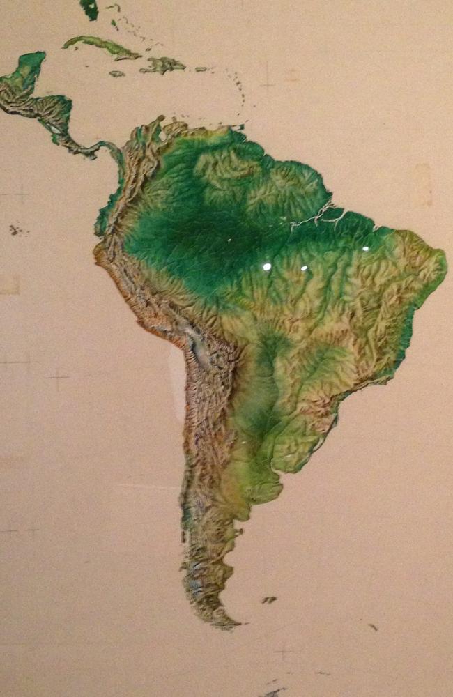 An original watercolour of South America done as preparatory artwork for Odham’s New Illustrated Atlas of the World, published in 1957.