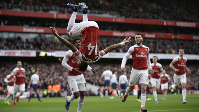 Pierre-Emerick Aubameyang scored twice in Arsenal’s 4-2 win over Spurs. Picture: AP