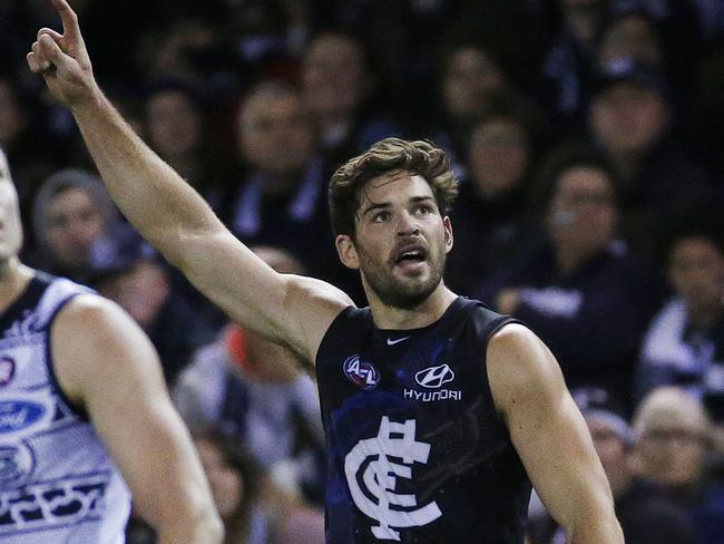 AFL: Round 10 Carlton V Geelong at Etihad Stadium, Carlton's Levi Casboult celebrates. 29th May 2016. Picture: Colleen Petch.