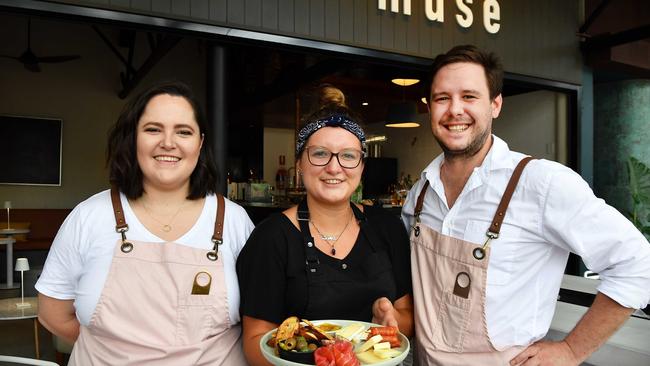 Managers Mikahlia Degotardi and Kyran Holt, pictured with their head chef Zara Prud‘homme (centre), have opened Muse bar in Noosa Heads. Picture: Patrick Woods