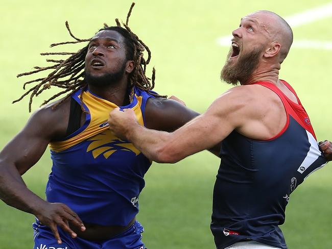 PERTH, AUSTRALIA - MARCH 22: Nic Naitanui of the Eagles and Max Gawn of the Demons contest the ruck during the round 1 AFL match between the West Coast Eagles and the Melbourne Demons at Optus Stadium on March 22, 2020 in Perth, Australia. (Photo by Paul Kane/Getty Images)