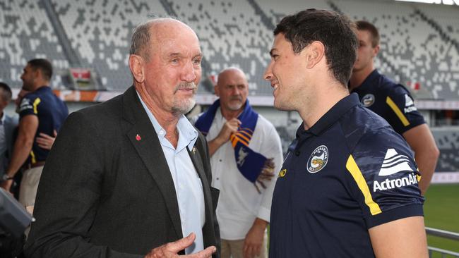 Ray Price talks with Eels halfback Mitchell Moses. Picture: David Swift