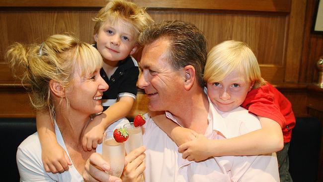 Doug Faribrother and his wife Fi, had their first date at TGI Fridays at the Jam Factory in 1997, pictured here celebrating their 10th anniversary with their kids Tom, 5, and Max, 6, in 2007. Picture: Chris Scott. 