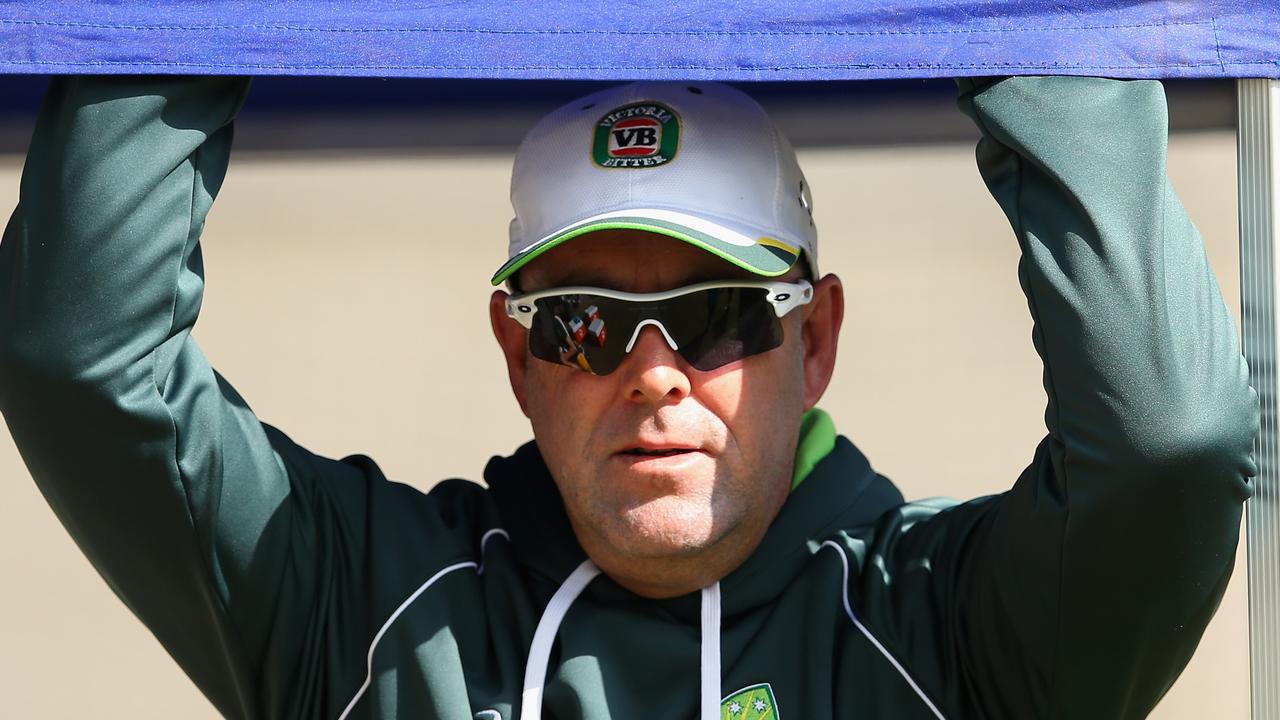 MELBOURNE, AUSTRALIA - MARCH 28: Australian coach Darren Lehmann looks on during an Australian nets session at Melbourne Cricket Ground on March 28, 2015 in Melbourne, Australia. (Photo by Quinn Rooney/Getty Images)