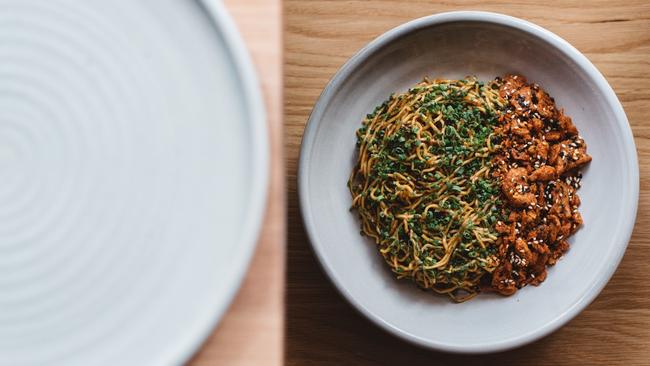 Egg noodles, XO sauce, chicken crackling. Picture: Ryan Noreiks