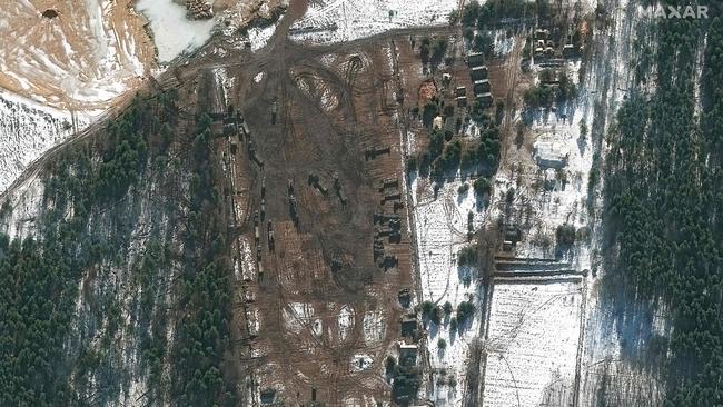 This Maxar satellite image released today shows heavy equipment transporters on the western outskirts of Klintsy, Russia, approximately 40km to the east of the border with Ukraine. Picture: AFP/Maxar Technologies