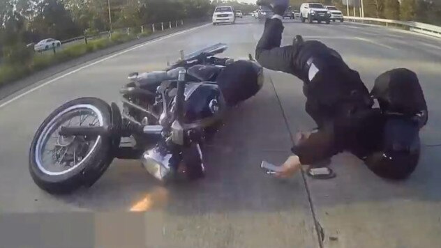 Dashcam footage showed the man’s horror crash on its motorcycle. Picture: Dash Cam Owners Australia