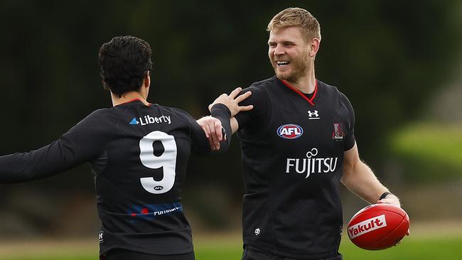 Michael Hurley trains with Dylan Shiel ahead of his farewell game. Picture: Daniel Pockett/Getty Images