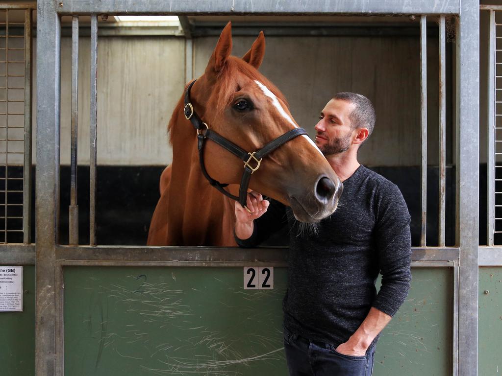 Part-owner Brae Sokolski with Melbourne Cup runner Finche. Picture: Aaron Francis/The Australian