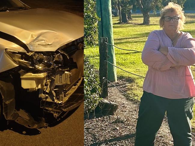 The car crash scene at Urangan (left) Hervey Bay Uber driver Julie Stephenson (right) shortly after.