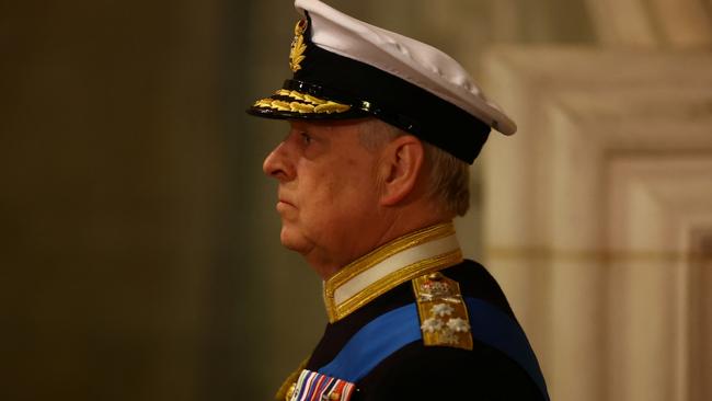 Prince Andrew in his vice-admiral’s uniform at Friday’s vigil for the Queen at Westminster Hall. Picture: Getty Images