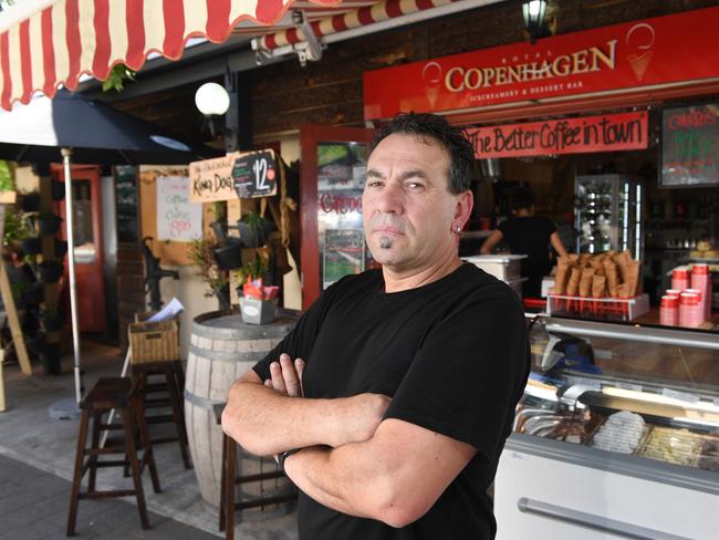 Fed up ... owner of the Royal Copenhagen Cafe in Hahndorf, Richard Del Col has been a victim of all four power outages and says he is at ‘wit’s end’. Picture: Naomi Jellicoe