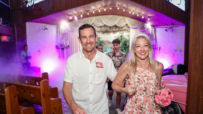 Ann Wason Moore and Michael Moore renew their wedding vows at the Viva Las Vegas Weddings chapel, part of the world famous Little White Wedding Chapel.