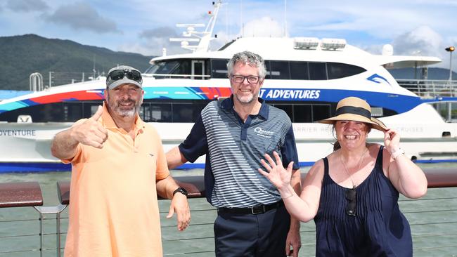 Green Island Resort will reopen to tourists on Wednesday, after taking the quiet time over Covid-19 lockdowns and border restrictions to spruce up the facilities. Quicksilver Group managing director Tony Baker with South Australia tourists Rick and Roz Hanson are all excited to head over to Green Island and see what the resort looks like. Picture: Brendan Radke