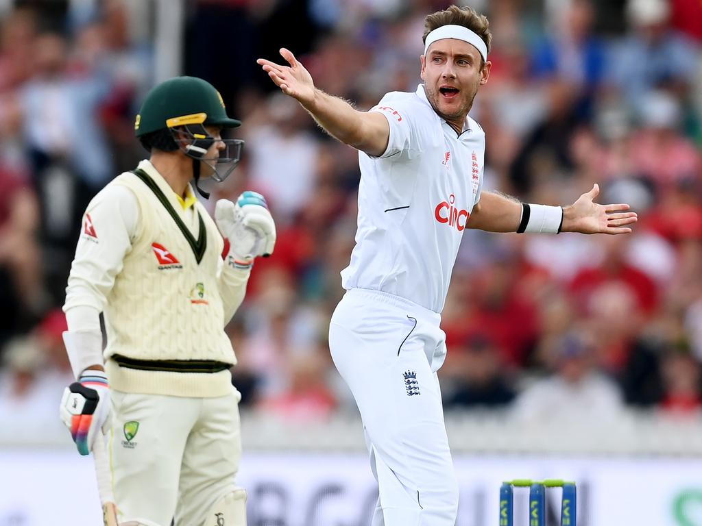 Expect the theatre to continue when Broad bowls to Carey at Headingley. Picture: Gareth Copley/Getty Images