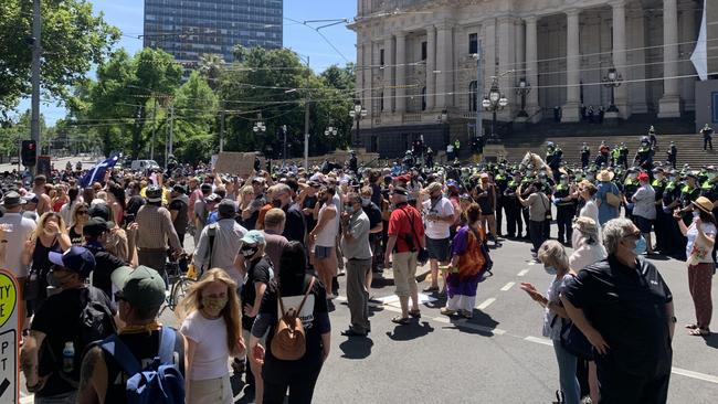 Many protesters aren’t wearing masks and several others aren’t wearing them correctly. Picture: Brianna Travers