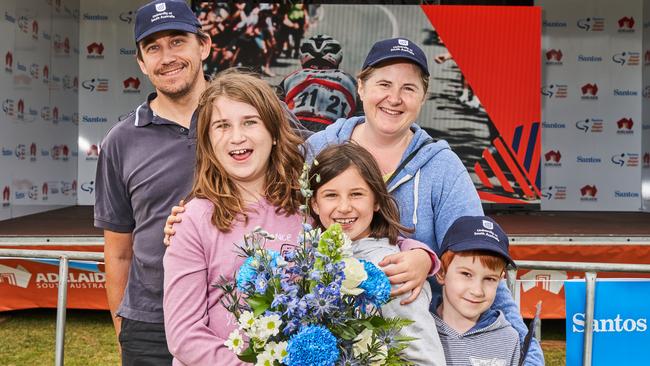 Jarrah O’Shea, Lucy, 10, Ruby, 8, Liam, 5 and Kat O’Shea at the finish line in Paracombe. Picture: Matt Loxton