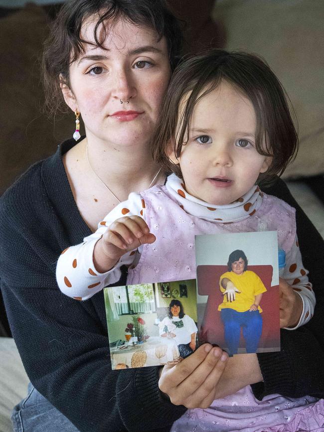 Veronica South and her two year old daughter Meia South holds a photo of her mother Colleen South. Picture Mark Brake