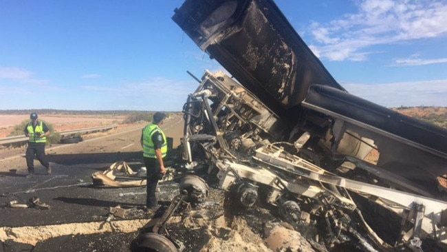 Horrific and confronting images from a head-on truck and ute collision at Wirraminna in the state’s Far North. Picture: Mike Lorigan/Channel 9