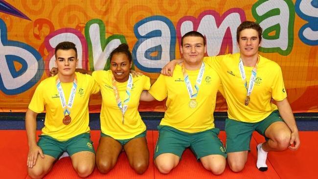 Medal winners from Australia including Francis Newman and Uros Nikolic pose with their medals on the opening day of the 2017 Commonwealth Youth Games.