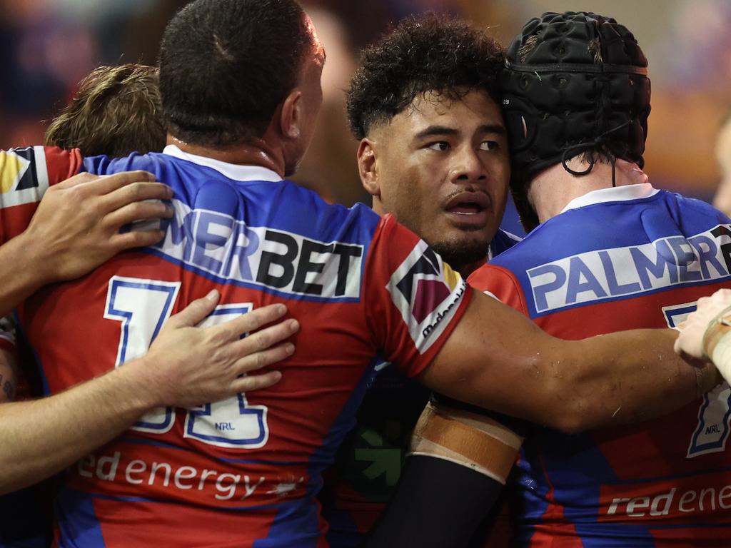 NEWCASTLE, AUSTRALIA – JUNE 29: Greg Marzhew of the Knights celebrates scoring a try during the round 17 NRL match between Newcastle Knights and Parramatta Eels at McDonald Jones Stadium, on June 29, 2024, in Newcastle, Australia. (Photo by Scott Gardiner/Getty Images)