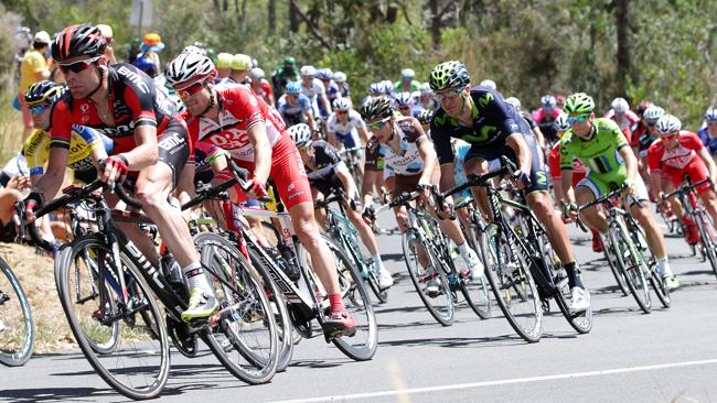 Cadel Evans sits at the front of the peloton during the second stage from Prospect to Stirling in the Tour Down Under. Picture: Sarah Reed