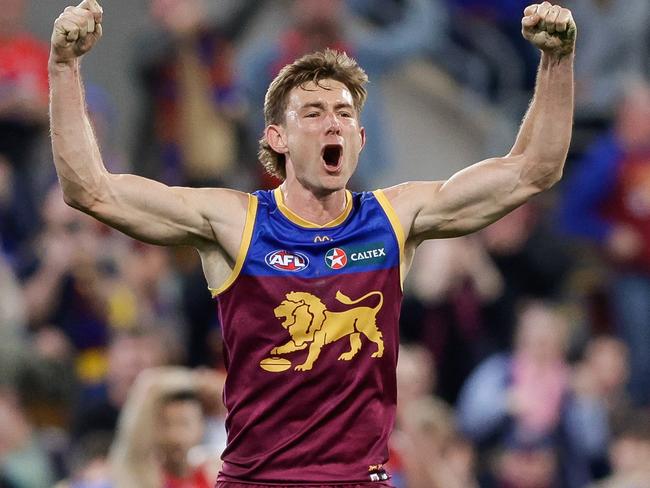 BRISBANE, AUSTRALIA - JUNE 28: Harris Andrews of the Lions celebrates following the 2024 AFL Round 16 match between the Brisbane Lions and the Melbourne Demons at The Gabba on June 28, 2024 in Brisbane, Australia. (Photo by Russell Freeman/AFL Photos via Getty Images)