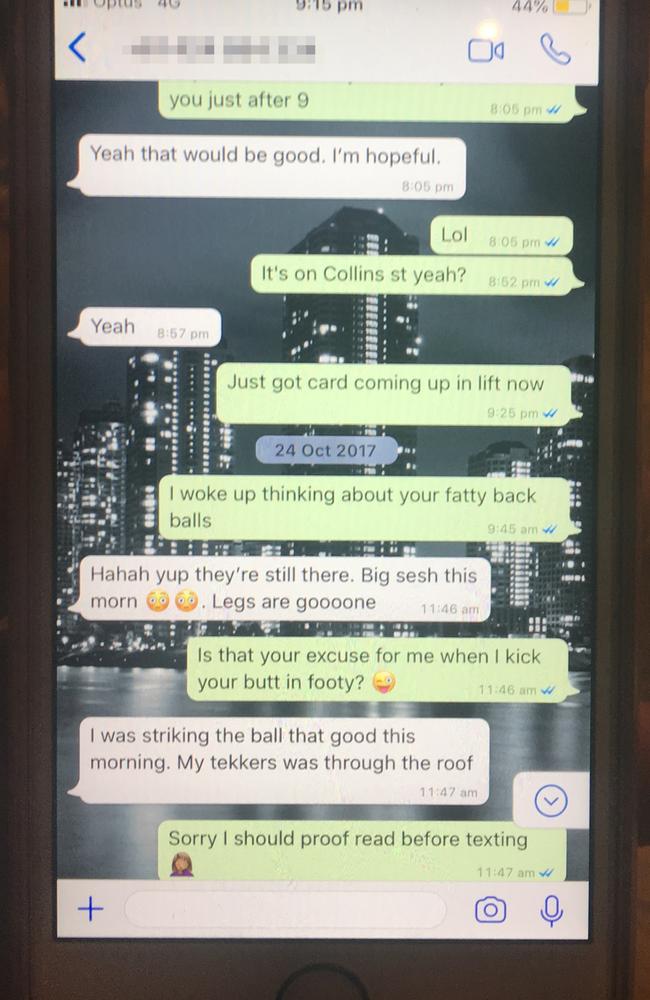 Text messages between Sam Burgess and a Melbourne woman, captured on her phone following their relationship during the 2018 Rugby League world cup. Picture: supplied