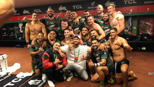 Hemsworth took a team shot with the South Sydney Rabbitohs. Picture: Instagram