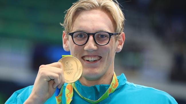 Mack Horton shows off his gold medal. Picture: Alex Coppel