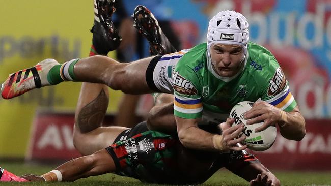 Jarrod Croker of the Raiders scores one of his five tries for 2020. Photo: Mark Metcalfe/Getty Images